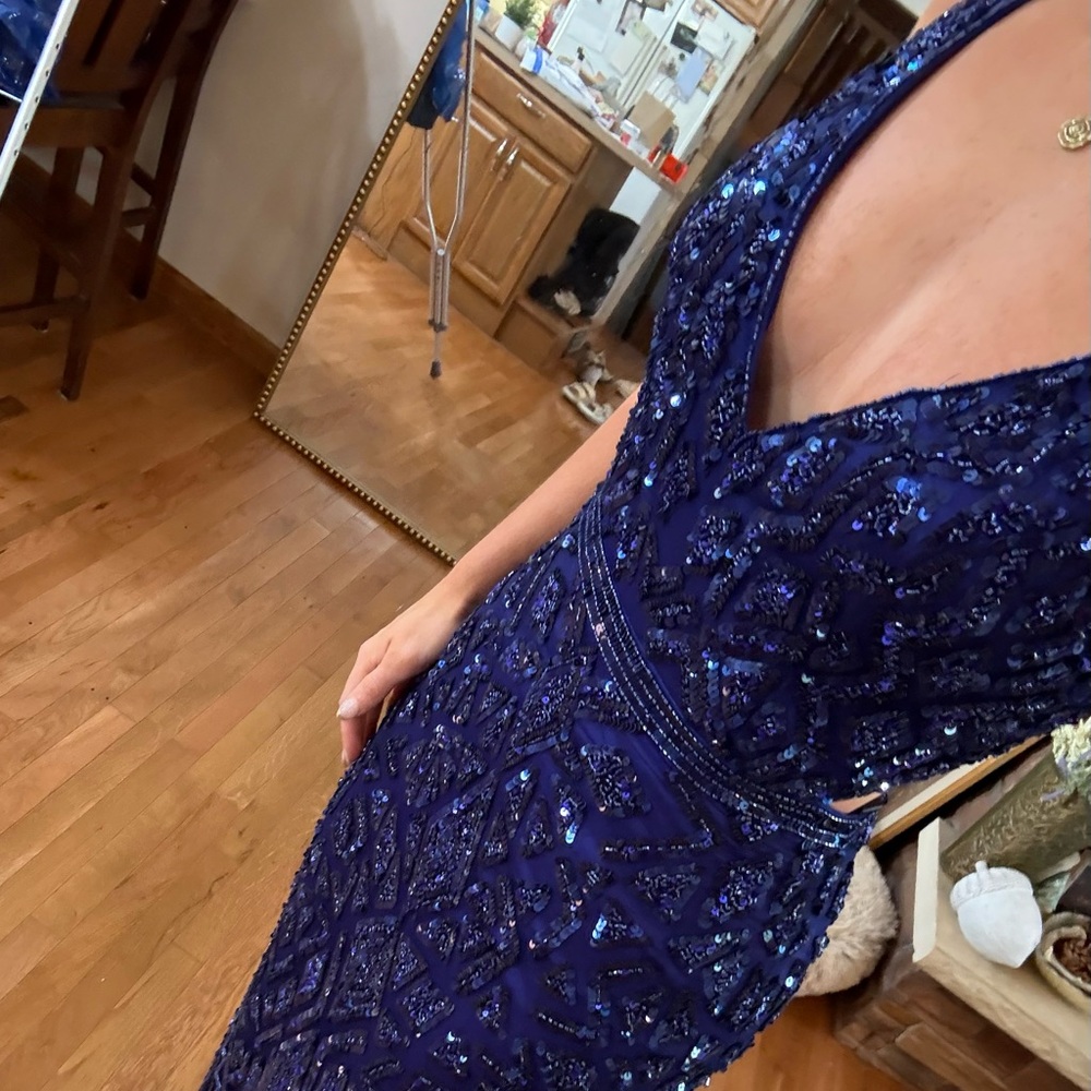 Mac Duggal Elegant Blue Sequin & Beaded Embellished Evening Dress
